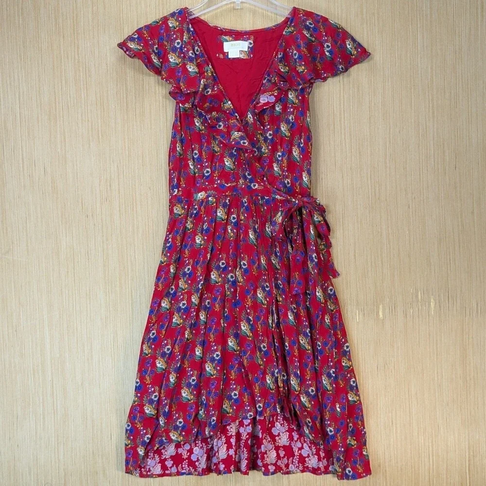 Maeve Anthropologie Boho Indie Floral Paisley Ruffle Wrap Dress Size 6 Red